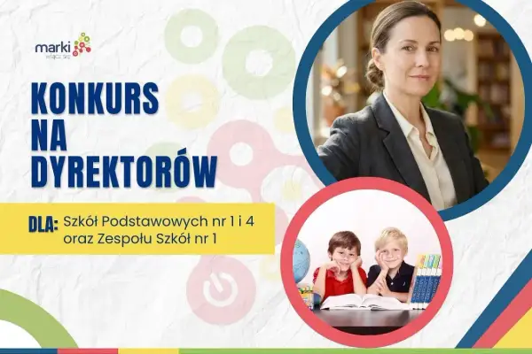 Konkurs na dyrektorów szkół podstawowych i zespołu szkół. Uśmiechnięci uczniowie i poważna dyrektorka.
