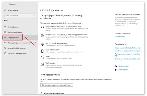 Ustawienia konta Windows. Wybierz "Opcje logowania", aby dowiedzieć się, jak założyć hasło na komputer, skonfigurować PIN lub inne metody logowania.