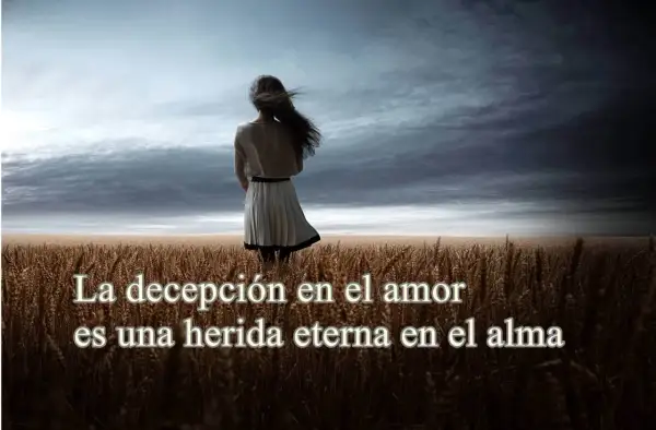Mujer sola en campo de trigo, con cielo tormentoso. Frases de decepción de la vida, como una herida eterna en el alma.