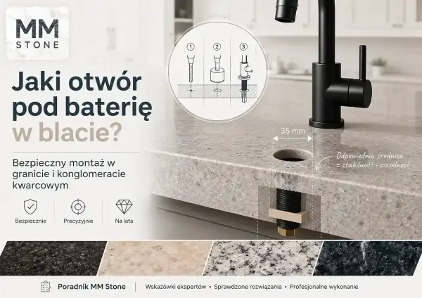 Montaż baterii kuchennej w blacie kwarcowym. Ilustracja pokazuje, jak wywiercić otwór o średnicy 35 mm dla stabilności i szczelności.