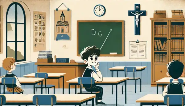 Klasa z krzyżem na ścianie, tablicą i uczniami. Lekcja religii w szkole.