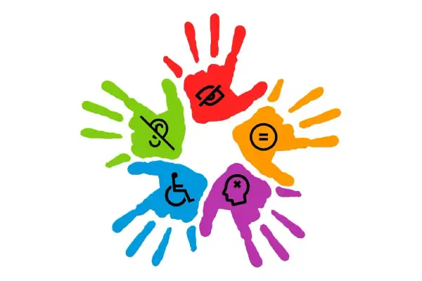 Cinque impronte colorate formano un cerchio, ognuna con un simbolo di disabilità, a simboleggiare l'inclusione e il rispetto, come previsto dal dpcm 185 del 2006.