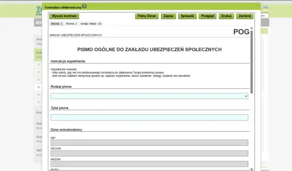 Formularz do ZUS RPA, gdzie można złożyć pismo ogólne, wyjaśnienia, skargę lub odwołanie. Wypełnij dane wnioskodawcy.