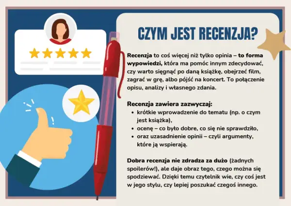 Ilustracja przedstawia proces pisania recenzji. Widoczna jest dłoń z kciukiem w górze, gwiazdki oceny i czerwone pióro.
