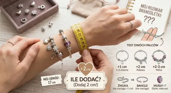 Mierzenie nadgarstka do wyboru rozmiaru bransoletki. Obwód 17 cm, dodaj 2 cm. Rozmiar bransoletki 21 cm to idealna długość.