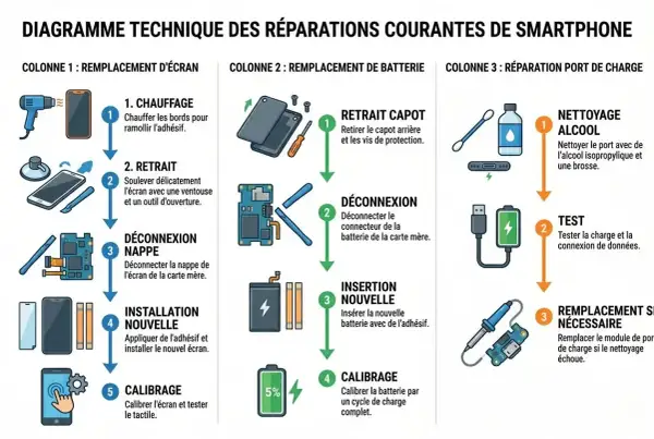 Diagramme des réparations de smartphone : remplacement écran, batterie, port de charge. Ce tech stack visuel guide les étapes.