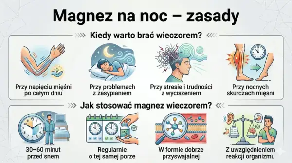 Kiedy najlepiej brać magnez? Wskazówki: przy napięciu mięśni, problemach z zasypianiem, stresie, skurczach nocnych, 30-60 min przed snem, regularnie, w przyswajalnej formie.