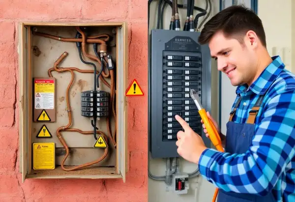 Un électricien examine un panneau électrique. À gauche, une boîte ouverte montre un ancien boîtier de fusible et des fils de cuivre.