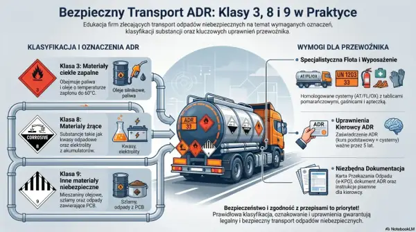 Transport ADR: klasyfikacja materiałów (klasy 3, 8, 9), wymagania dla przewoźnika i dokumentacja. Bezpieczeństwo to priorytet!