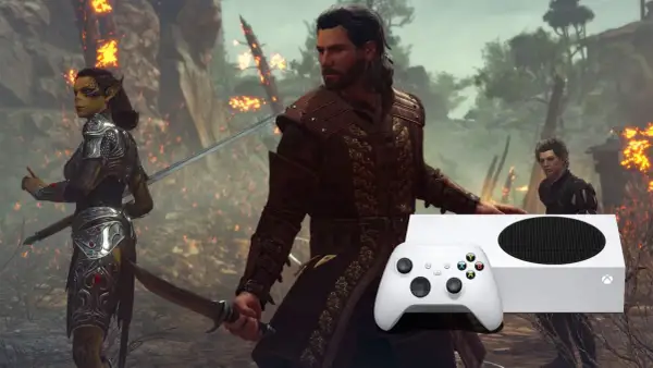 Postacie z Baldur's Gate 3 na tle płonącego krajobrazu, obok konsoli Xbox Series S i kontrolera.