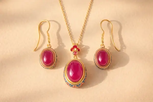 Conjunto de oro con colgante y pendientes de rubí, adornados con esmalte azul y rojo.