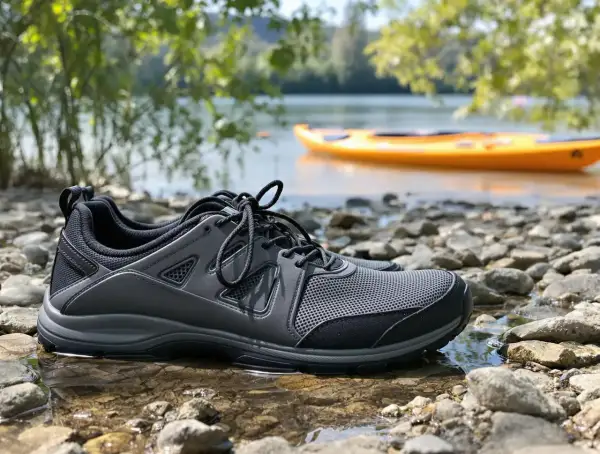 Szare buty sportowe na kamienistej plaży, idealne jako jakie buty na kajaki. W tle żółty kajak na wodzie.