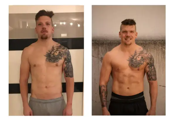 Mann mit Tattoos vor und nach dem Training. Er hat keine Muskeln abgebaut, sondern aufgebaut.