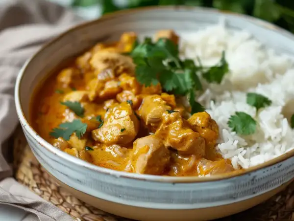 En skål med krämig kycklingcurry och ris, garnerad med koriander. Perfekt för ett snabbt mango chutney recept.