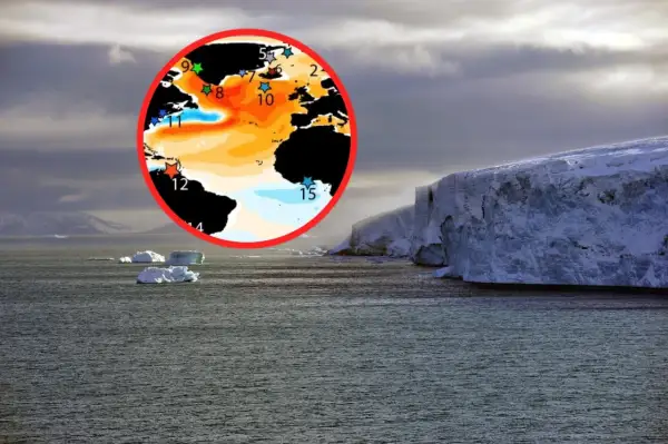Mapa oceanów z zaznaczonymi anomaliami temperatur, sugerującymi ochłodzenie, jak podczas małej epoki lodowcowej, na tle lodowca i gór.
