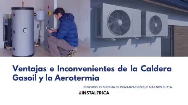 Hombre revisa tablet junto a caldera de gasoil. A la derecha, unidades exteriores de aerotermia. Considera cambiar caldera de gasoil.