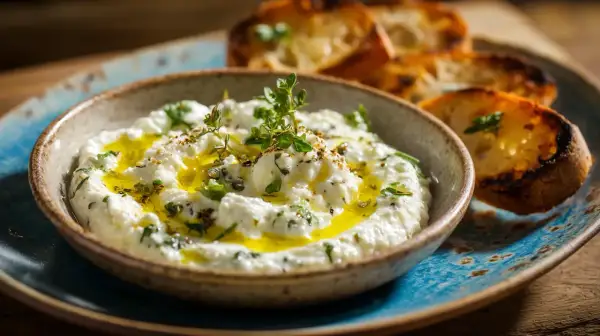 Brandade de morue crémeuse, arrosée d'huile d'olive et garnie d'herbes fraîches, servie avec des croûtons grillés.