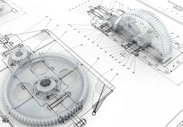 Przezroczyste koła zębate i mechanizmy na tle rysunków technicznych, ilustrujące innowacyjne wzory użytkowe.