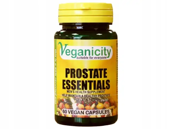 Suplement diety Prostate Essentials od Veganicity, zawierający ekstrakt z kory śliwy afrykańskiej, wspiera zdrowie prostaty. 60 kapsułek wegańskich.