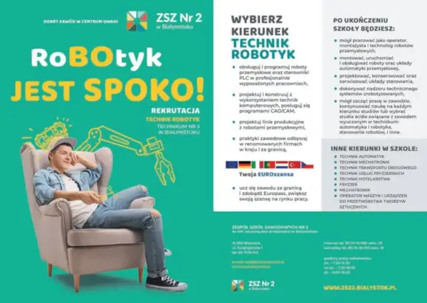Młody mężczyzna w fotelu, obok schemat robota. Rekrutacja na kierunek technik robotyk w ZSZ Nr 2 w Białymstoku.