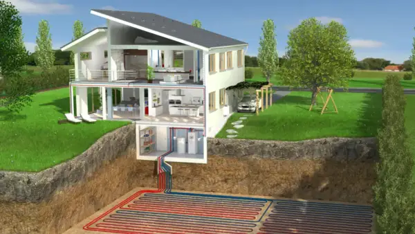 Maison moderne avec coupe transversale montrant le système de chauffage géothermique. Le prix d'une pompe à chaleur géothermique est un investissement pour un confort durable.