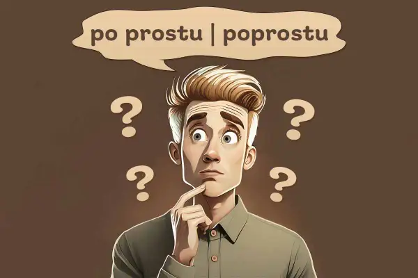 Zamyślony mężczyzna z pytajnikami wokół głowy zastanawia się, czy coś jest po prostu, czy poprostu.