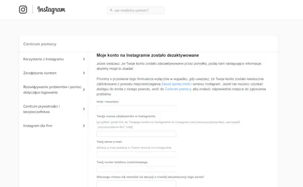 Formularz odwoławczy od dezaktywacji konta na Instagramie. Możliwy wirus na Instagramie? Wypełnij dane, by odzyskać dostęp.