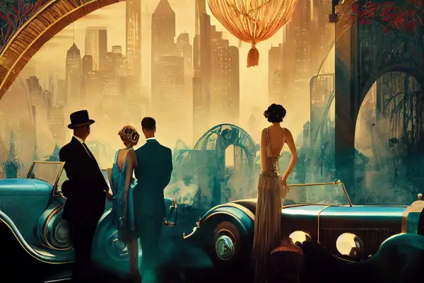 Elegancka para i samotna kobieta podziwiają panoramę miasta w stylu art deco. Malarze tego okresu uchwycili tę atmosferę.