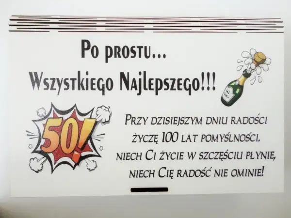 Wesołe życzenia na 50 urodziny z bąbelkami szampana i liczbą 50. Niech życie płynie w szczęściu, a radość nie ominie!