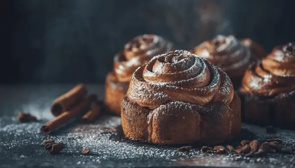 Doftande kanelbullar med pudersocker, perfekt för kanelbulle dag. Kanelstänger och chokladbitar ligger utspridda.