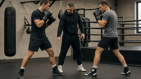A boxing coach instructs two fighters, one a southpaw, in a gym.