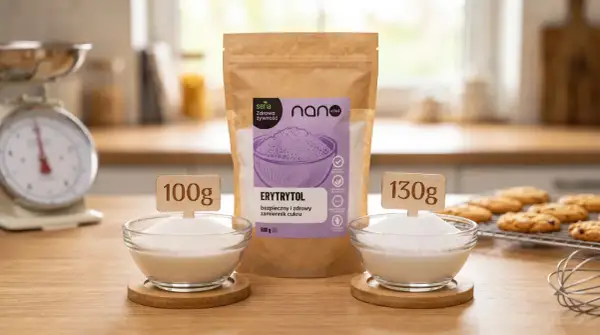 Porównanie: 100g cukru vs 130g erytrytolu. Zdrowy zamiennik cukru w proszku, idealny do wypieków.