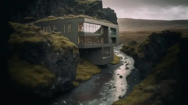 Modern house built into a mossy cliffside, overlooking a rocky stream. This architectural photography captures a dramatic, remote landscape.