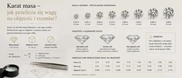 Tabela pokazuje zależność masy diamentu od jego objętości i rozmiaru, uwzględniając gęstość diamentu (ok. 3,52 g/cm³) i szlif.