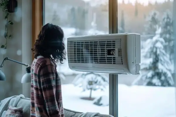 Une femme regarde par la fenêtre un paysage enneigé. La climatisation souffle froid en mode chauffage, affichant 22 degrés.