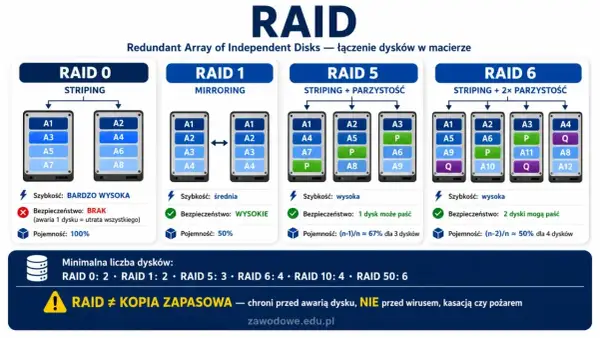 Porównanie konfiguracji RAID: RAID 0 (striping), RAID 1 (mirroring), RAID 5 i RAID 6. Wykres pokazuje szybkość, bezpieczeństwo i pojemność dla każdej opcji.