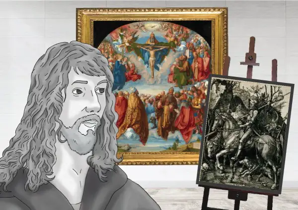 Albrecht Dürer's famous works, "The Assumption of the Virgin" and "Knight, Death, and the Devil," are displayed behind a stylized portrait of the artist.