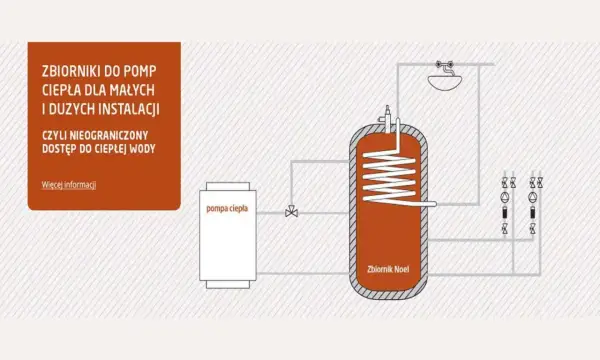 Schemat instalacji z pompą ciepła i dużym zbiornikiem Noel. Zapewnia nieograniczony dostęp do ciepłej wody, stanowiąc magazyn ciepła.