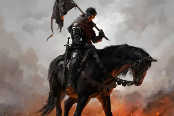 Rycerz na czarnym koniu, z flagą w dłoni, w zbroi. W tle płomienie i dym. To może być scena z Kingdom Come Deliverance, gdzie najlepsza broń jest kluczem do zwycięstwa.