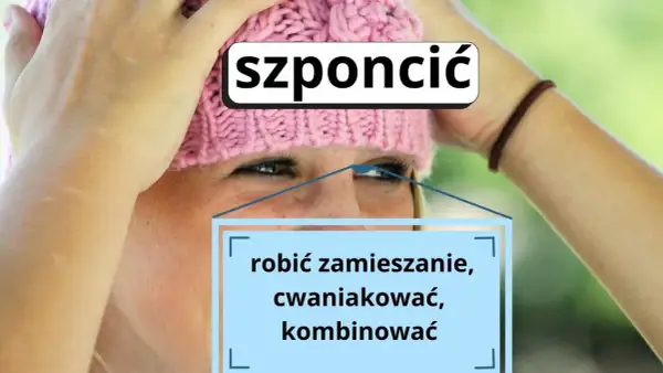 Dziewczyna w różowej czapce z napisem "szponcić" i wyjaśnieniem: "robić zamieszanie, cwaniakować, kombinować". Najmocniejsze memy!