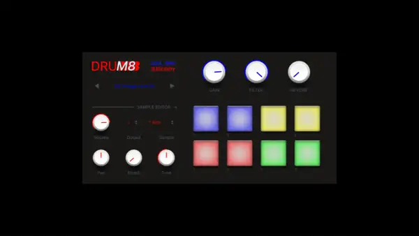 DRUM8 interface, a free percussion VST, features sample editing, volume, pan, attack, tune controls, and colorful pads for creating beats.