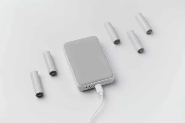 Szare baterie i powerbank podłączony kablem. Czy można mieć powerbank w bagażu podręcznym? Tak, zazwyczaj można.