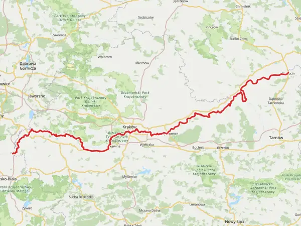 Mapa przedstawia przebieg wiślanej trasy rowerowej Kraków – Sandomierz, z zaznaczonymi miastami i parkami krajobrazowymi.