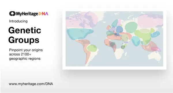 Carte du monde avec des zones colorées représentant les groupes génétiques. Découvrez votre **my heritage origine** avec MyHeritage DNA.