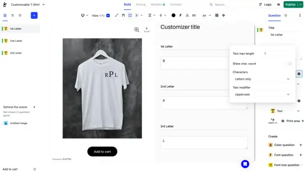 Customizing a t-shirt with a monogram. The interface allows input for three letters, with "RPL" visible on the shirt, demonstrating what a monogram is.