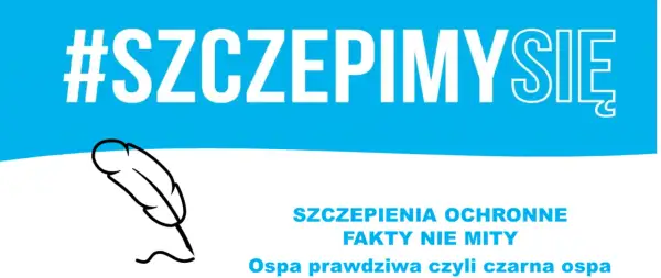 #SzczepimySię: szczepienia ochronne, fakty nie mity. Ospa prawdziwa czyli czarna ospa. Piórko symbolizuje wiedzę.