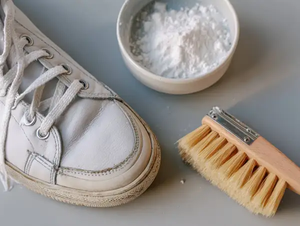 Scarpe bianche in pelle pronte per essere pulite con bicarbonato e una spazzola.