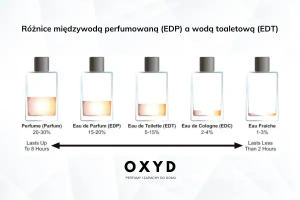 Porównanie trwałości perfum: od Parfum (20-30% olejku, do 8h) po Eau Fraiche (1-3% olejku, poniżej 2h).