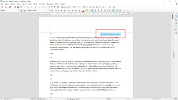 Jak usunąć numer strony ze strony tytułowej w LibreOffice Writer? Widok nagłówka i stopki, gdzie można edytować styl strony.