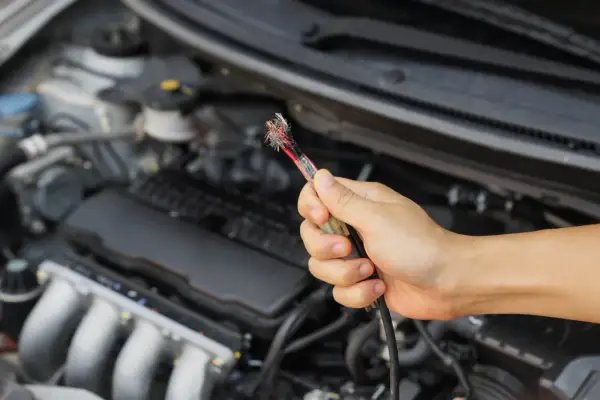 Main d'une personne tenant un câble de voiture rongé. Ce dégât rongeur sur la voiture pourrait être couvert par l'assurance.